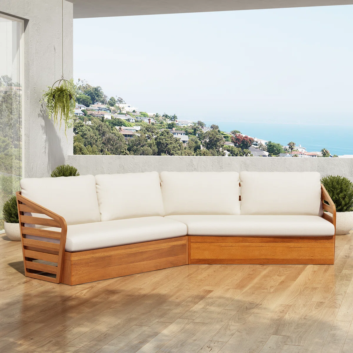 Sectional Sofa with Accents in Teak Wood and Natural Finish