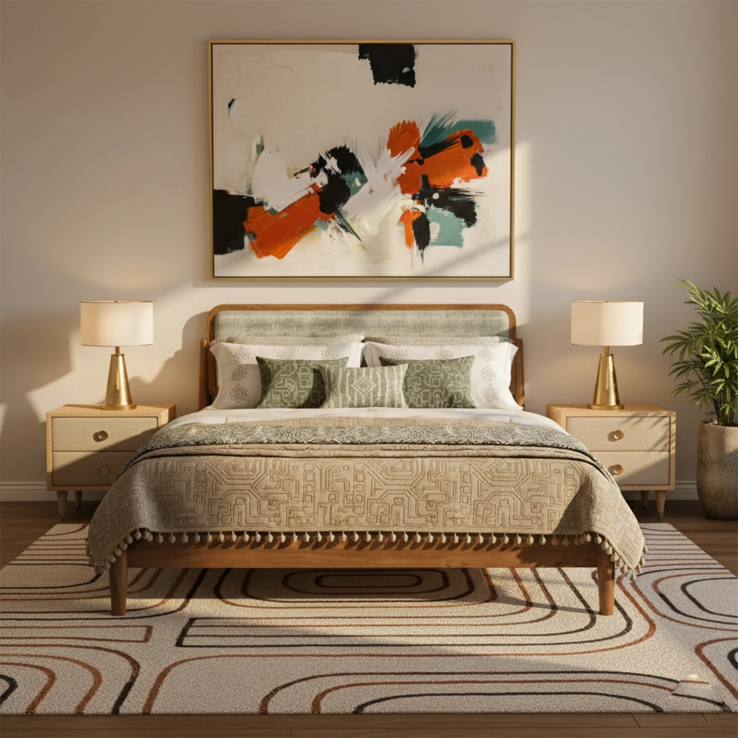 Queen size bed made of solid teak wood in natural finish with upholstered headboard — stylish and durable wooden bed for modern bedrooms.