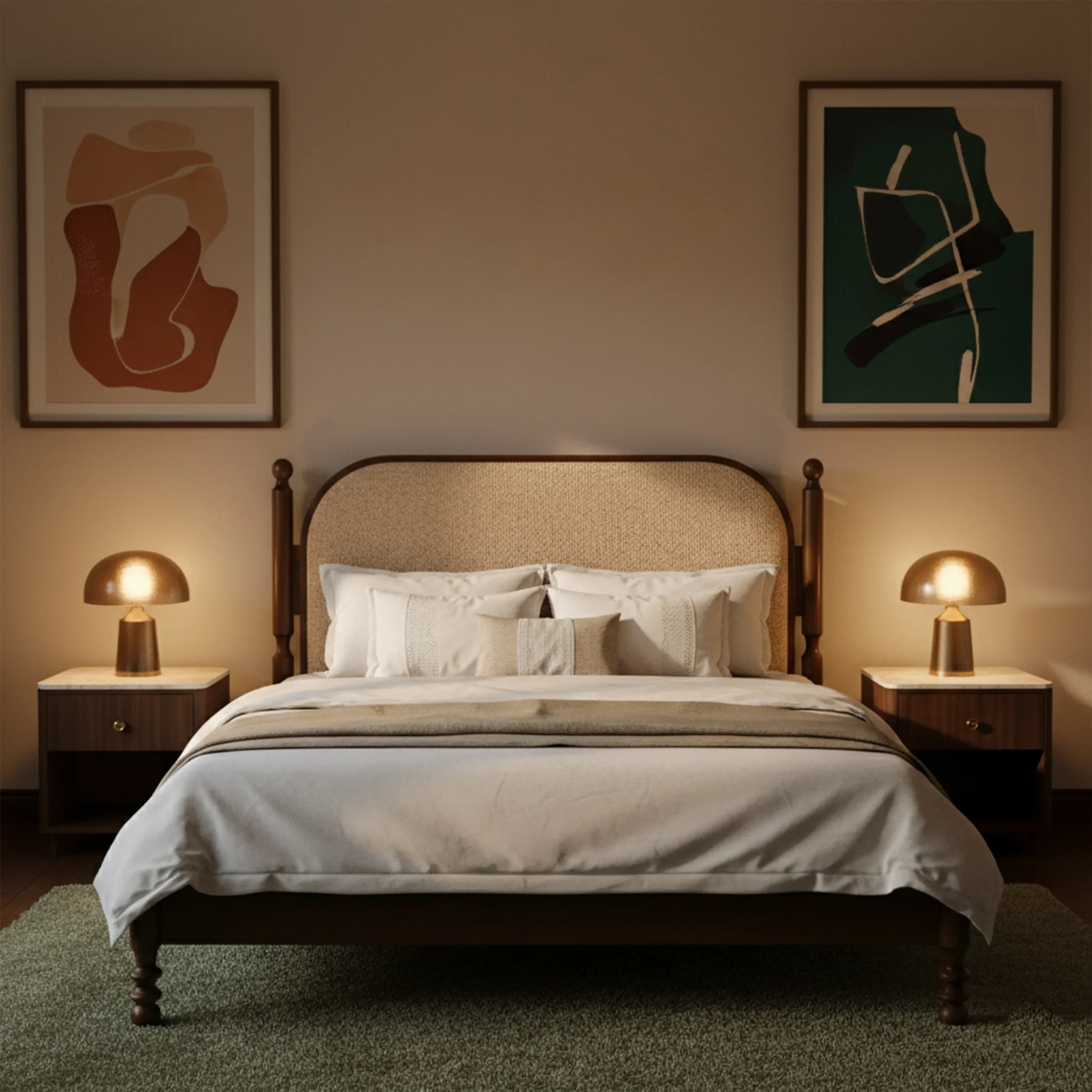 Queen size bed made of solid teak wood in natural finish with upholstered headboard — stylish and durable wooden bed for modern bedrooms.