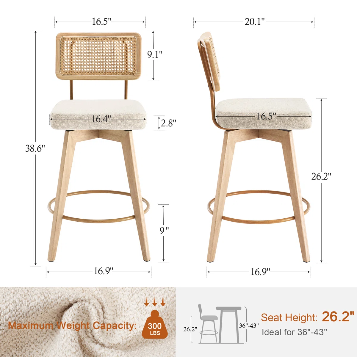 Teak wood counter stool set of 2 with rattan cane back and upholstered seat in multiple colors Teak wood counter stool set of 2 with rattan cane back and upholstered seat in multiple colors