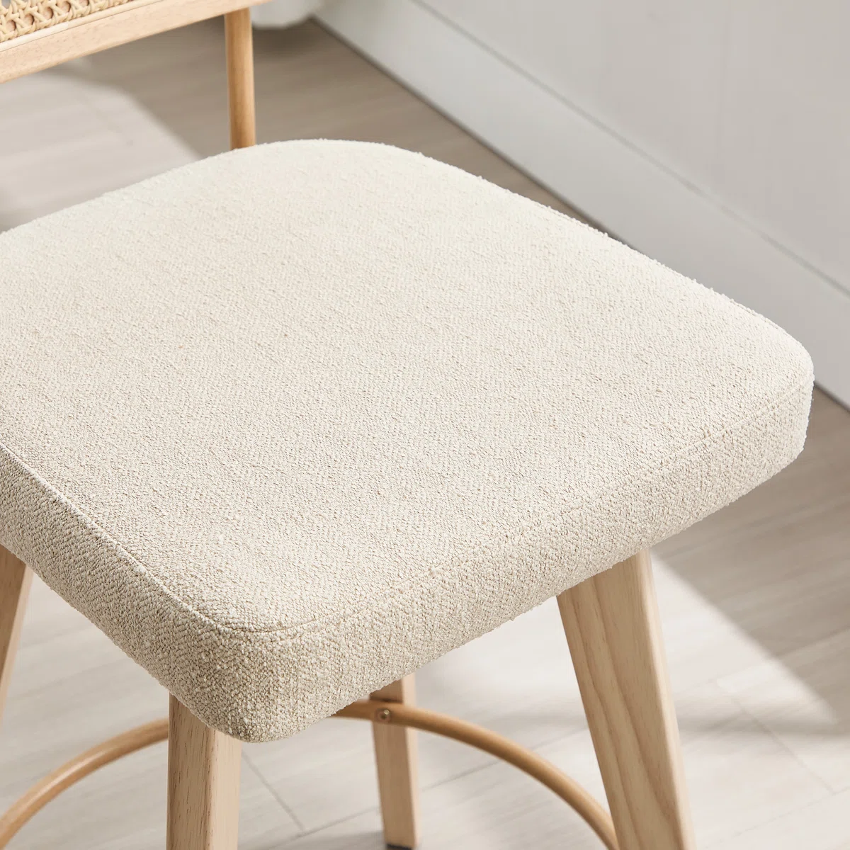 Teak wood counter stool set of 2 with rattan cane back and upholstered seat in multiple colors Teak wood counter stool set of 2 with rattan cane back and upholstered seat in multiple colors