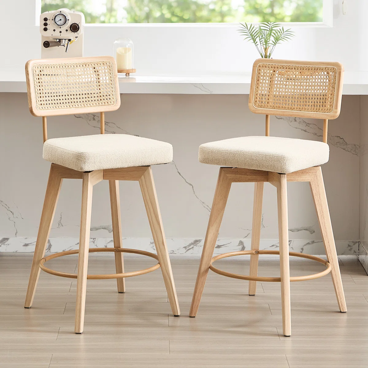 Teak wood counter stool set of 2 with rattan cane back and upholstered seat in multiple colors Teak wood counter stool set of 2 with rattan cane back and upholstered seat in multiple colors