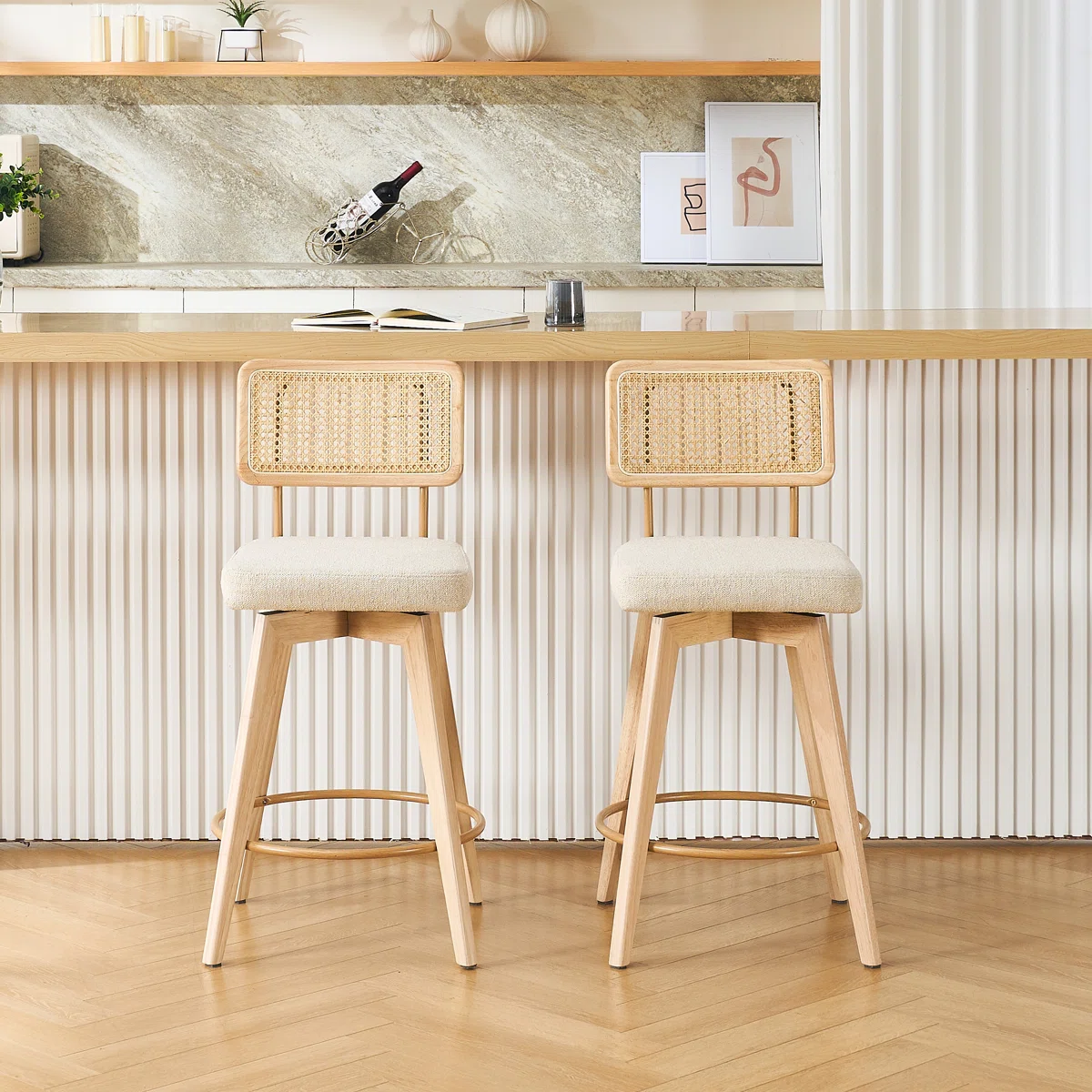 Teak wood counter stool set of 2 with rattan cane back and upholstered seat in multiple colors Teak wood counter stool set of 2 with rattan cane back and upholstered seat in multiple colors