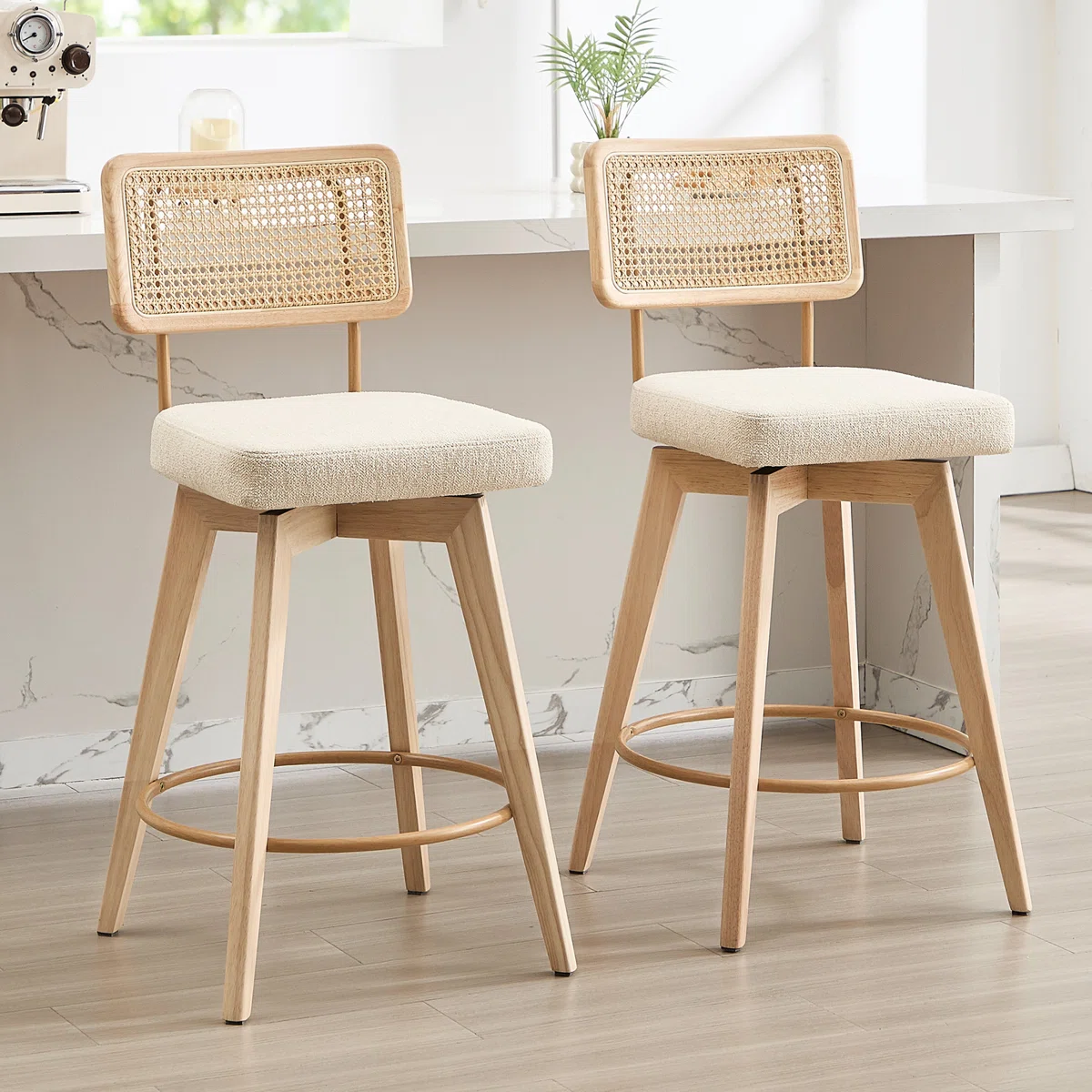 Teak wood counter stool set of 2 with rattan cane back and upholstered seat in multiple colors