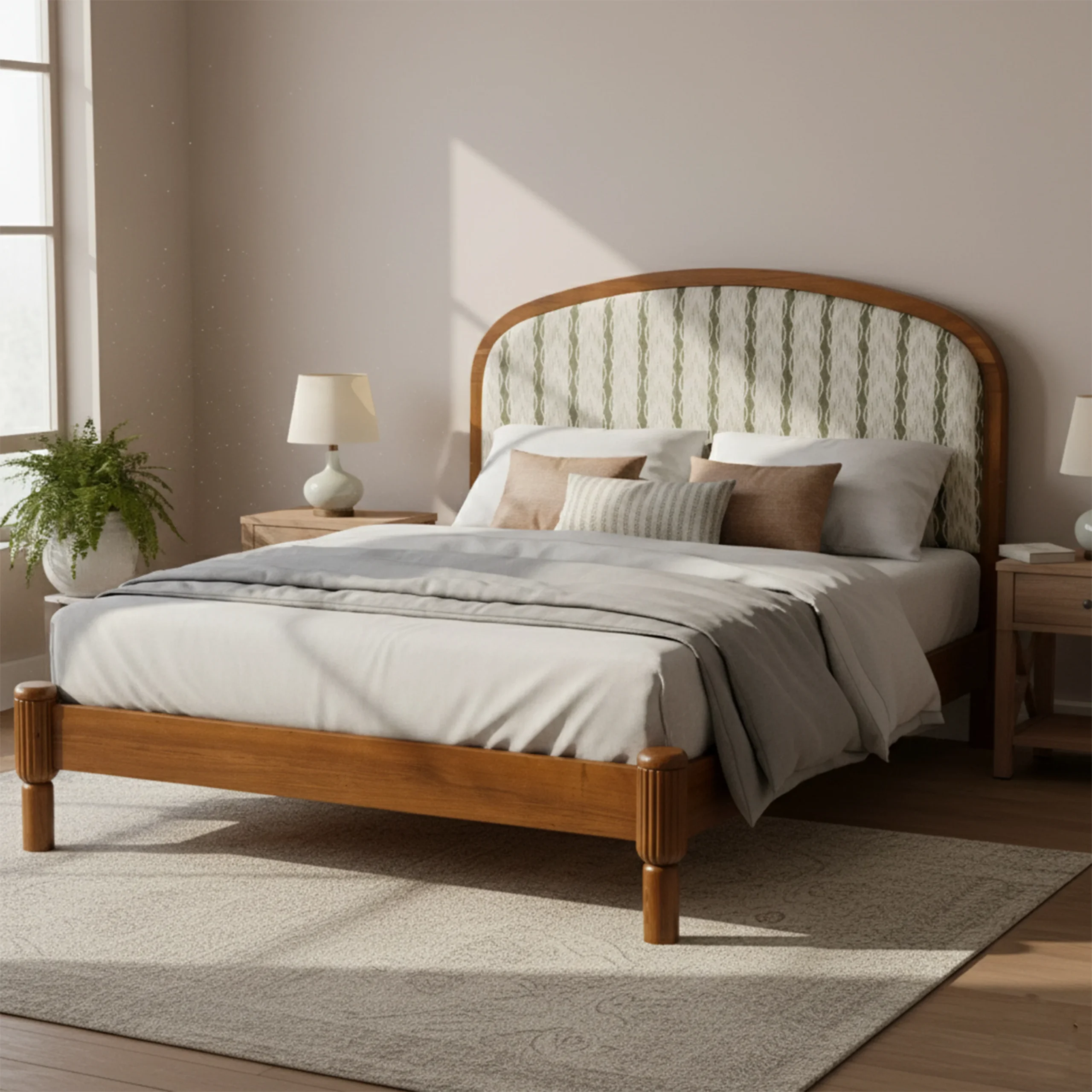 Queen size bed made of solid teak wood in natural finish with upholstered headboard — stylish and durable wooden bed for modern bedrooms.
