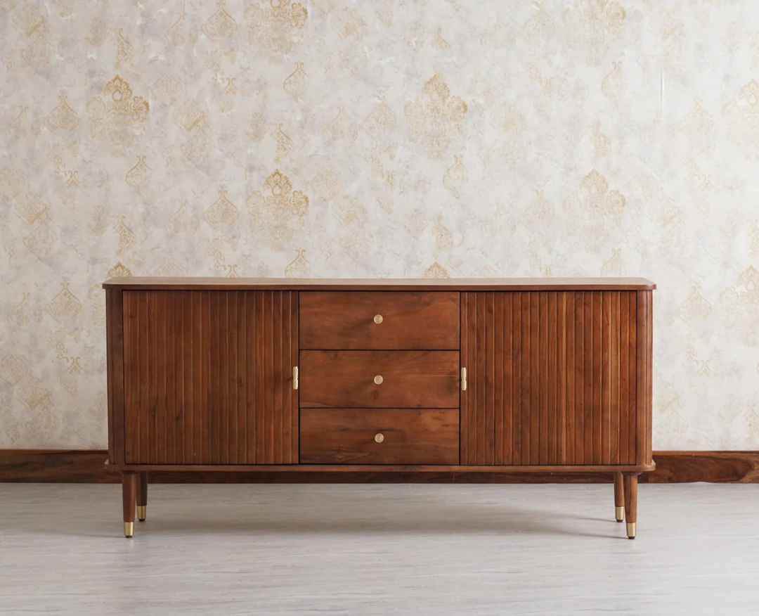 Sideboard Cabinet with Two Doors and Three Drawers in Natural Brown Teak Wood Finish Sideboard Cabinet with Two Doors and Three Drawers in Natural Brown Teak Wood Finish