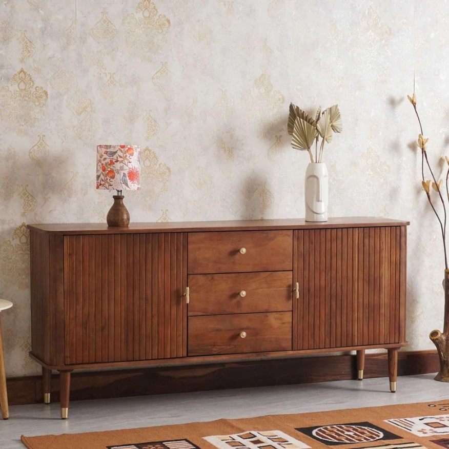 Sideboard Cabinet with Two Doors and Three Drawers in Natural Brown Teak Wood Finish
