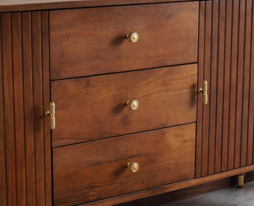 Sideboard Cabinet with Two Doors and Three Drawers in Natural Brown Teak Wood Finish Sideboard Cabinet with Two Doors and Three Drawers in Natural Brown Teak Wood Finish
