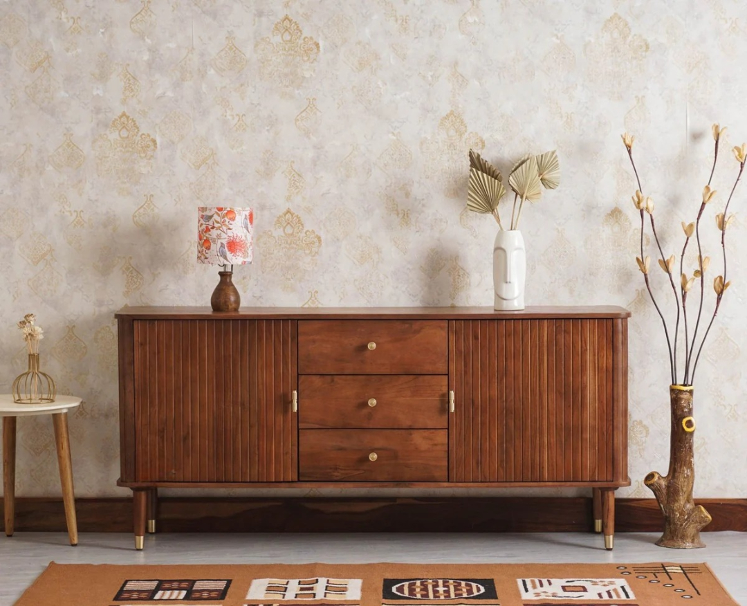 Sideboard Cabinet with Two Doors and Three Drawers in Natural Brown Teak Wood Finish
