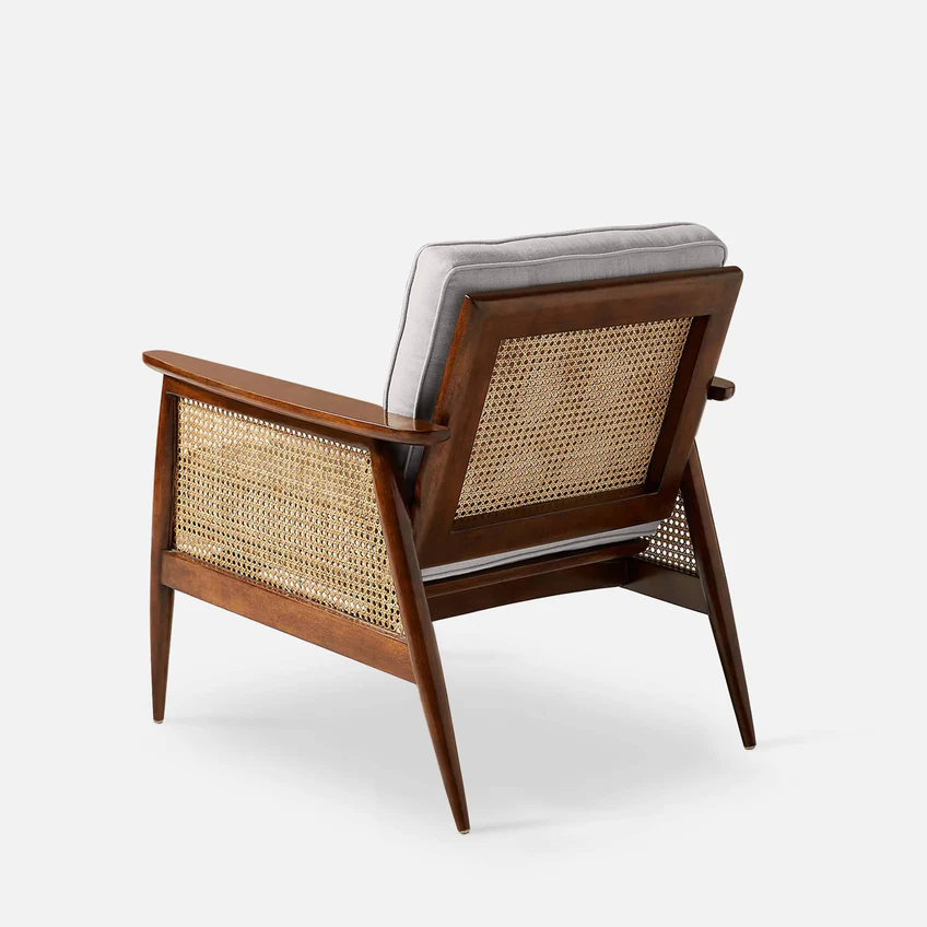 Cushioned Chair with Natural Cane Back and Grey Seat Upholstery Cushioned Chair with Natural Cane Back and Grey Seat Upholstery