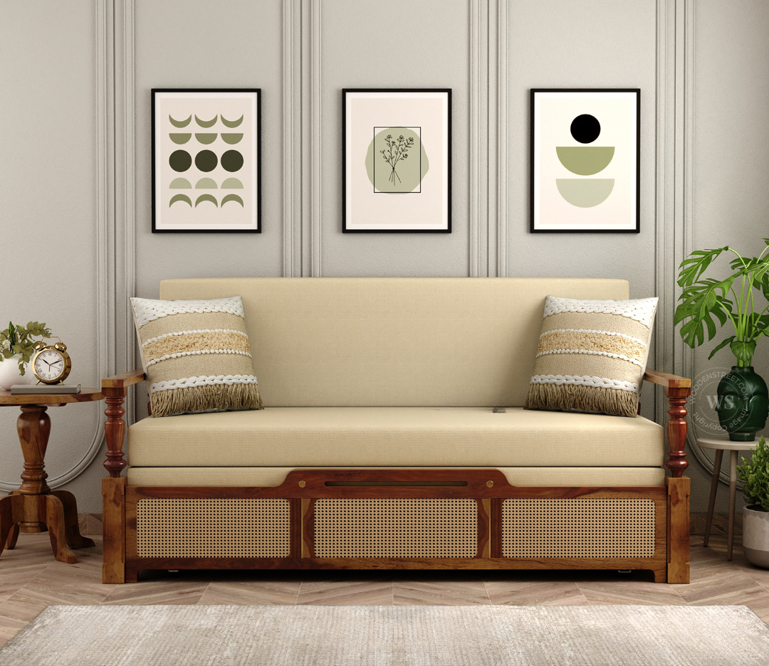 Sofa Cum Bed with solid wood frame, cane weaving, brown finish, and premium upholstery in sofa and bed position