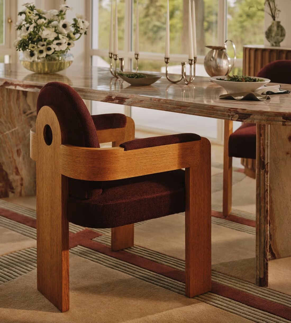 Luxury dining chair with linen chenille upholstery and teak wood frame Luxury dining chair with linen chenille upholstery and teak wood frame