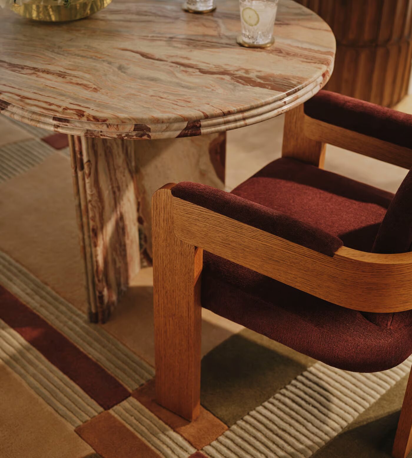 Luxury dining chair with linen chenille upholstery and teak wood frame Luxury dining chair with linen chenille upholstery and teak wood frame