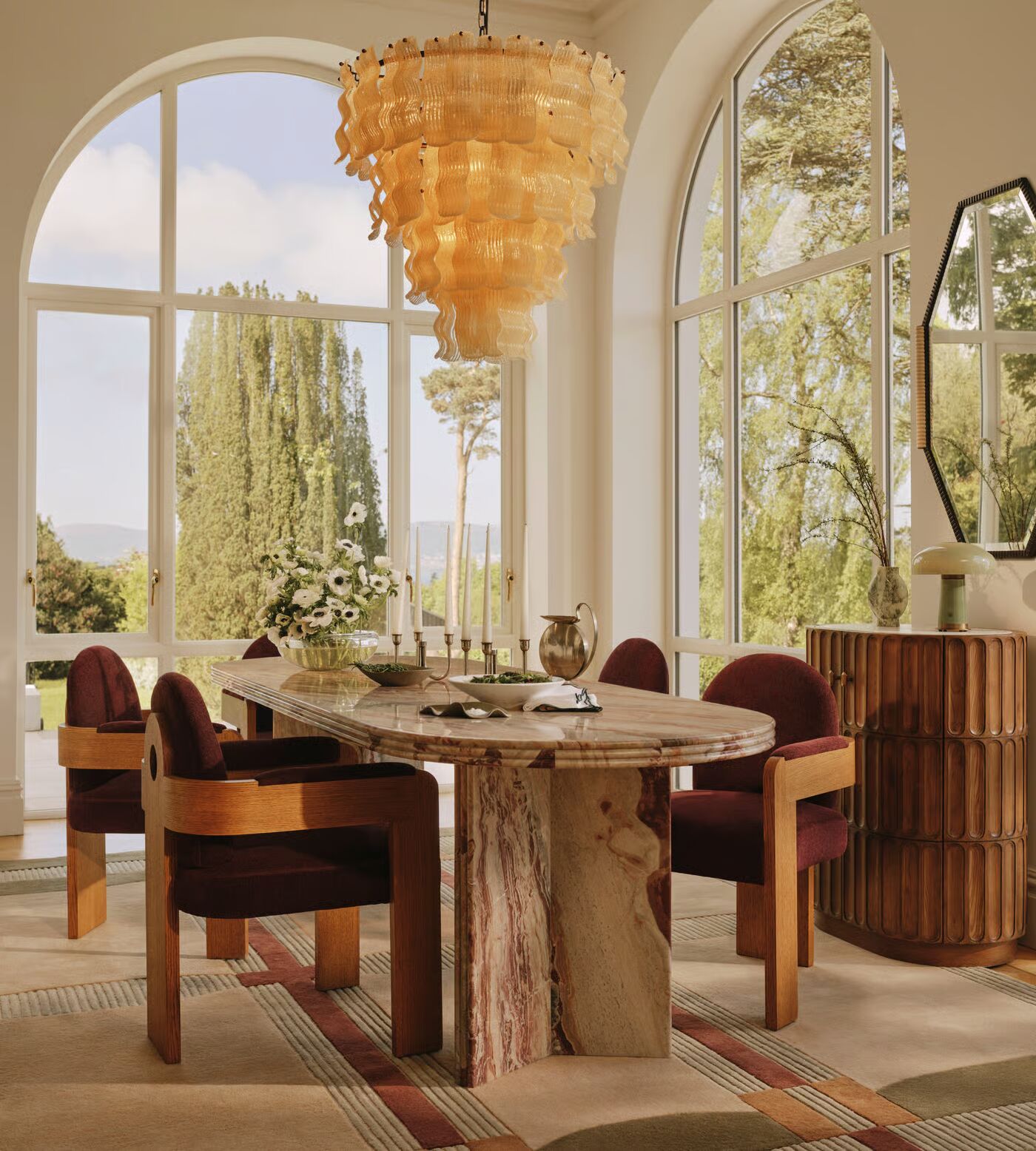 Luxury dining chair with linen chenille upholstery and teak wood frame Luxury dining chair with linen chenille upholstery and teak wood frame