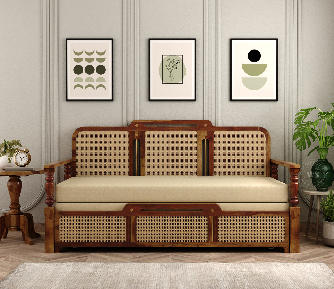 Sofa Cum Bed with solid wood frame, cane weaving, brown finish, and premium upholstery in sofa and bed position