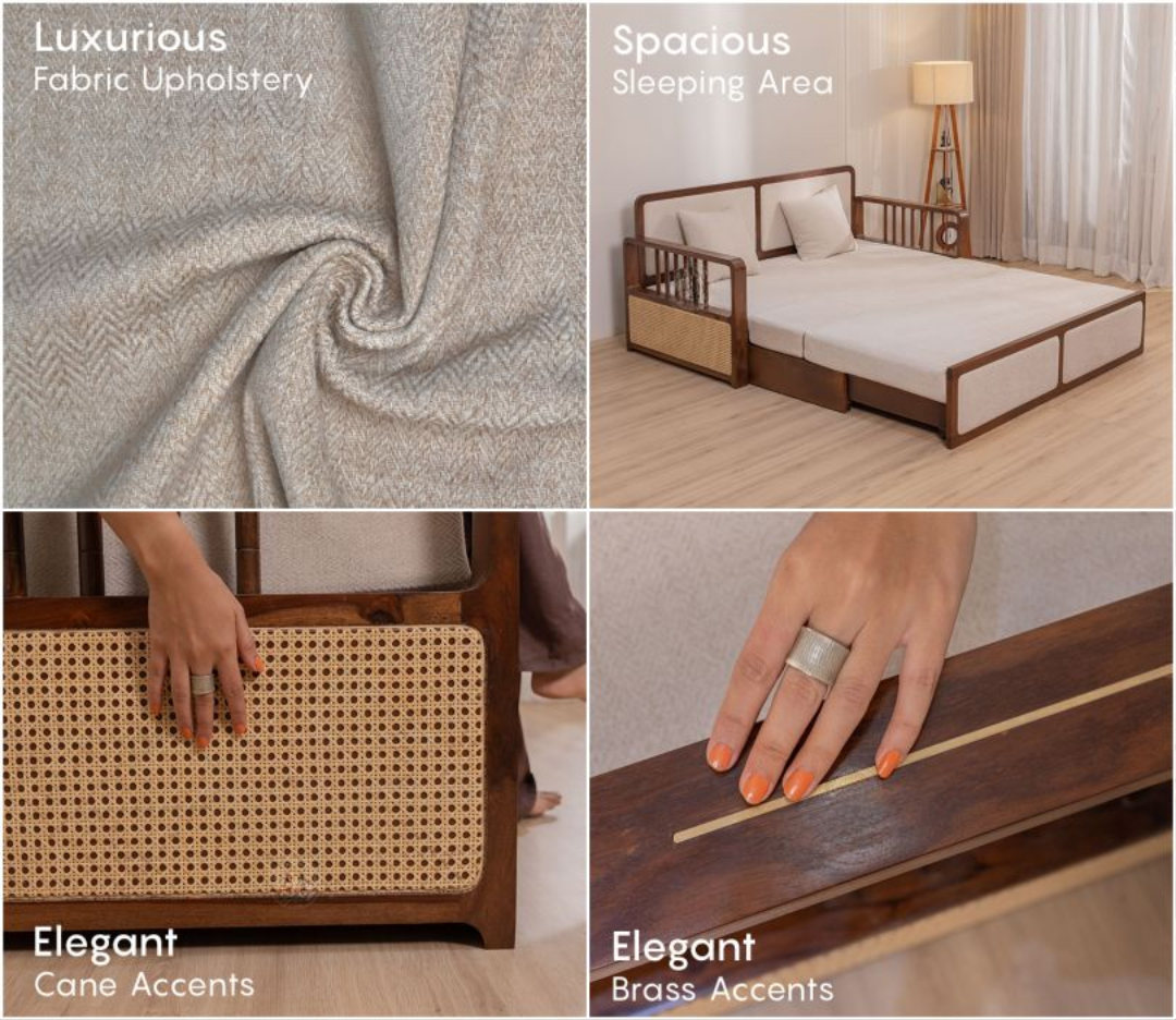 Sofa Cum Bed 3 seater with cane weaving teak finish and premium upholstery Sofa Cum Bed 3 seater with cane weaving teak finish and premium upholstery