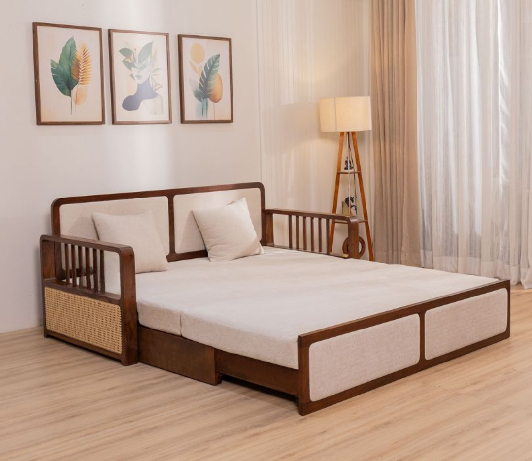 Sofa Cum Bed 3 seater with cane weaving teak finish and premium upholstery