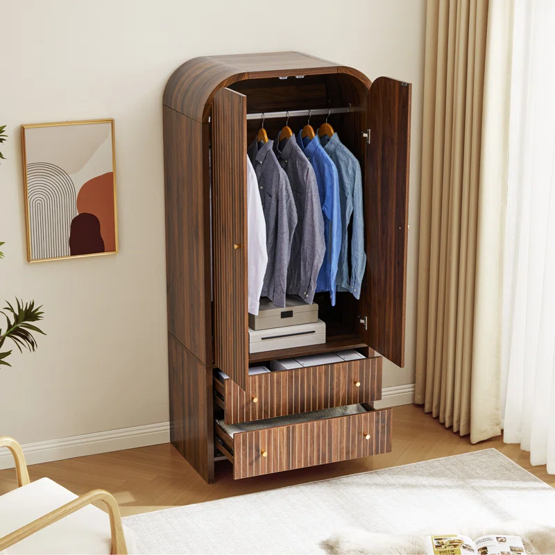 Solid wood wardrobe closet in brown, natural and black finish with tall storage and anti-tip design.