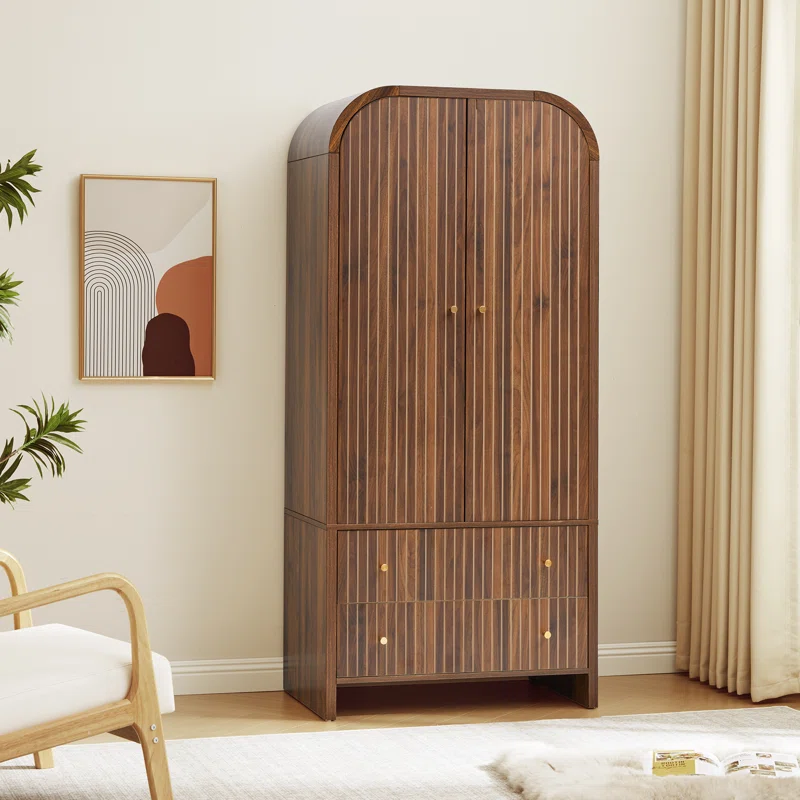 Solid wood wardrobe closet in brown, natural and black finish with tall storage and anti-tip design.