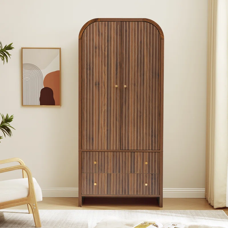 Solid wood wardrobe closet in brown, natural and black finish with tall storage and anti-tip design.