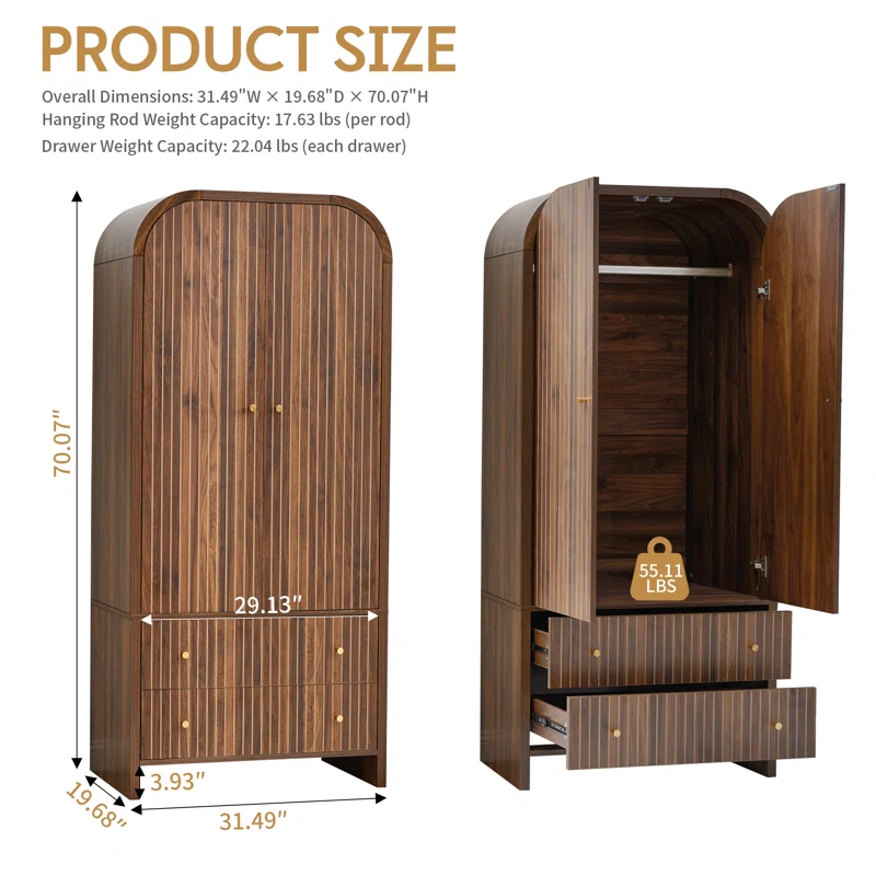 Solid wood wardrobe closet in brown, natural and black finish with tall storage and anti-tip design.