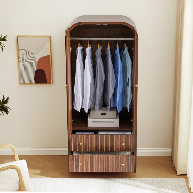 Solid wood wardrobe closet in brown, natural and black finish with tall storage and anti-tip design.