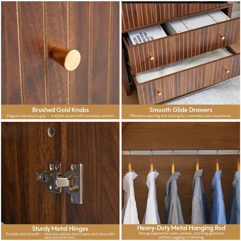 Solid wood wardrobe closet in brown, natural and black finish with tall storage and anti-tip design.