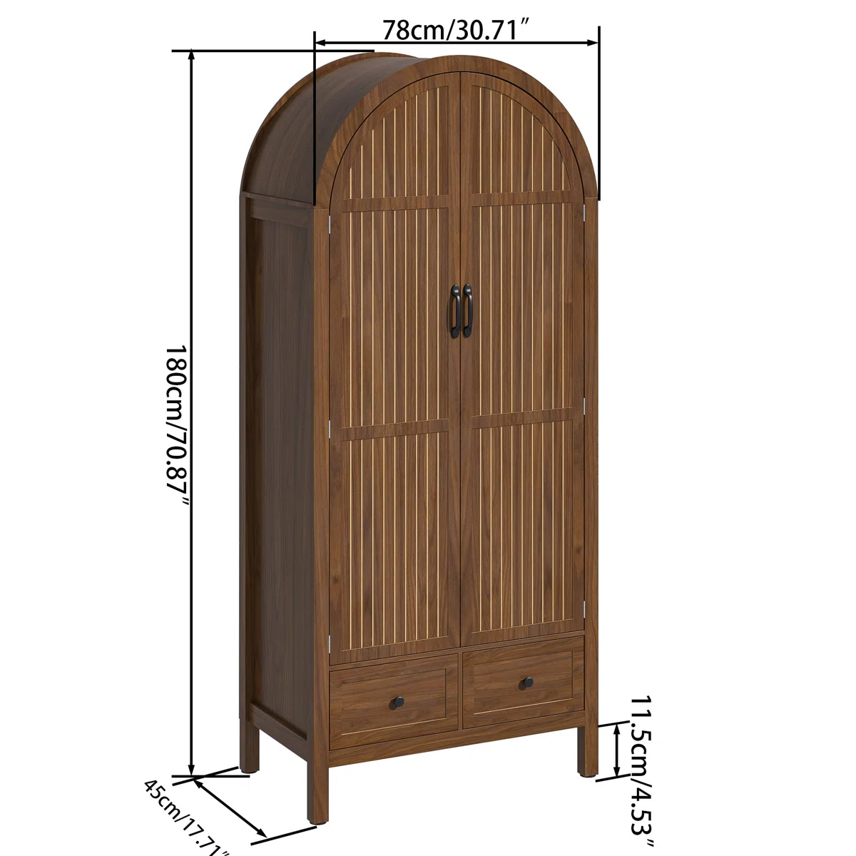 wardrobe closet with arched fluted doors, drawers and brown finish. wardrobe closet with arched fluted doors, drawers and brown finish.