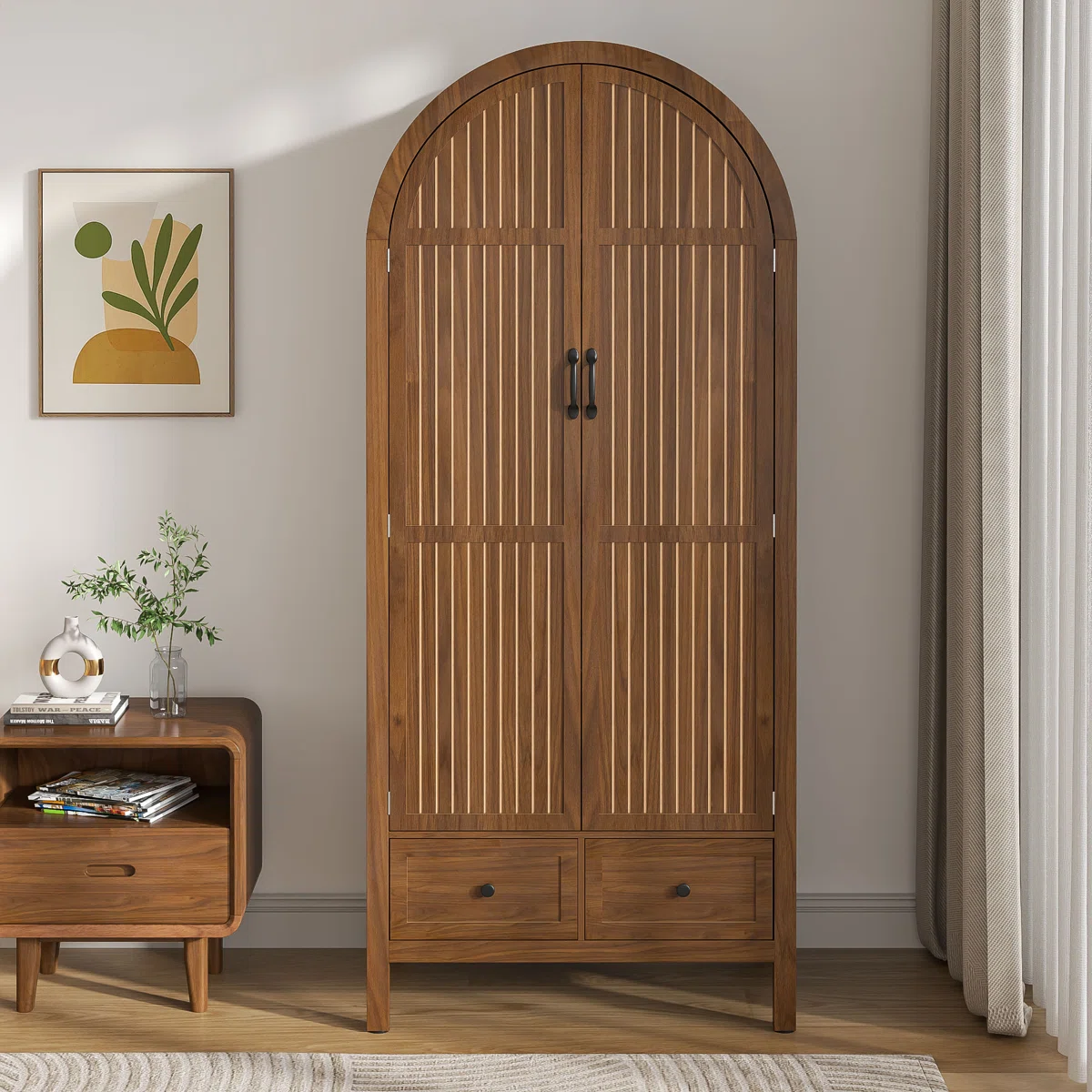 wardrobe closet with arched fluted doors, drawers and brown finish. wardrobe closet with arched fluted doors, drawers and brown finish.