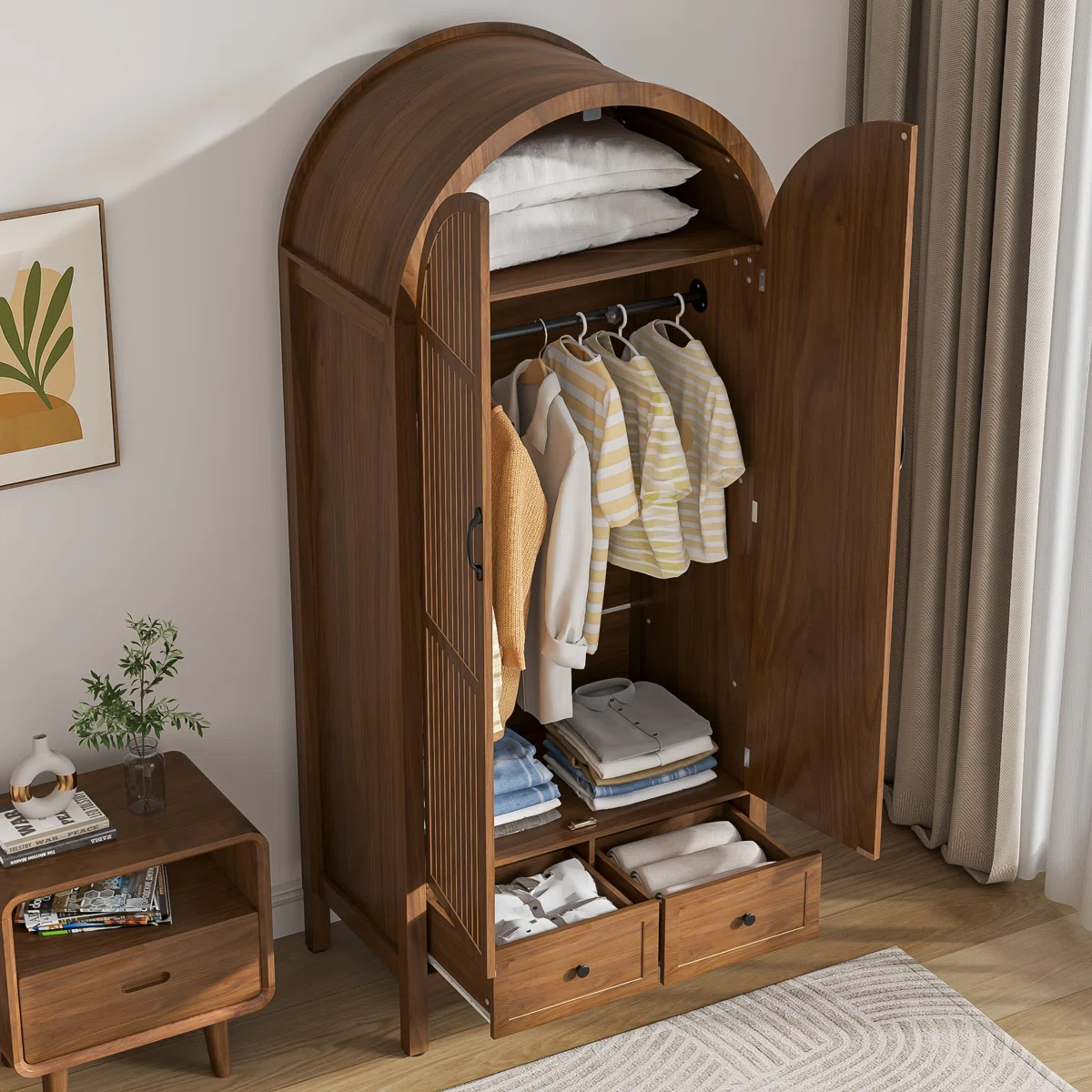 wardrobe closet with arched fluted doors, drawers and brown finish. wardrobe closet with arched fluted doors, drawers and brown finish.