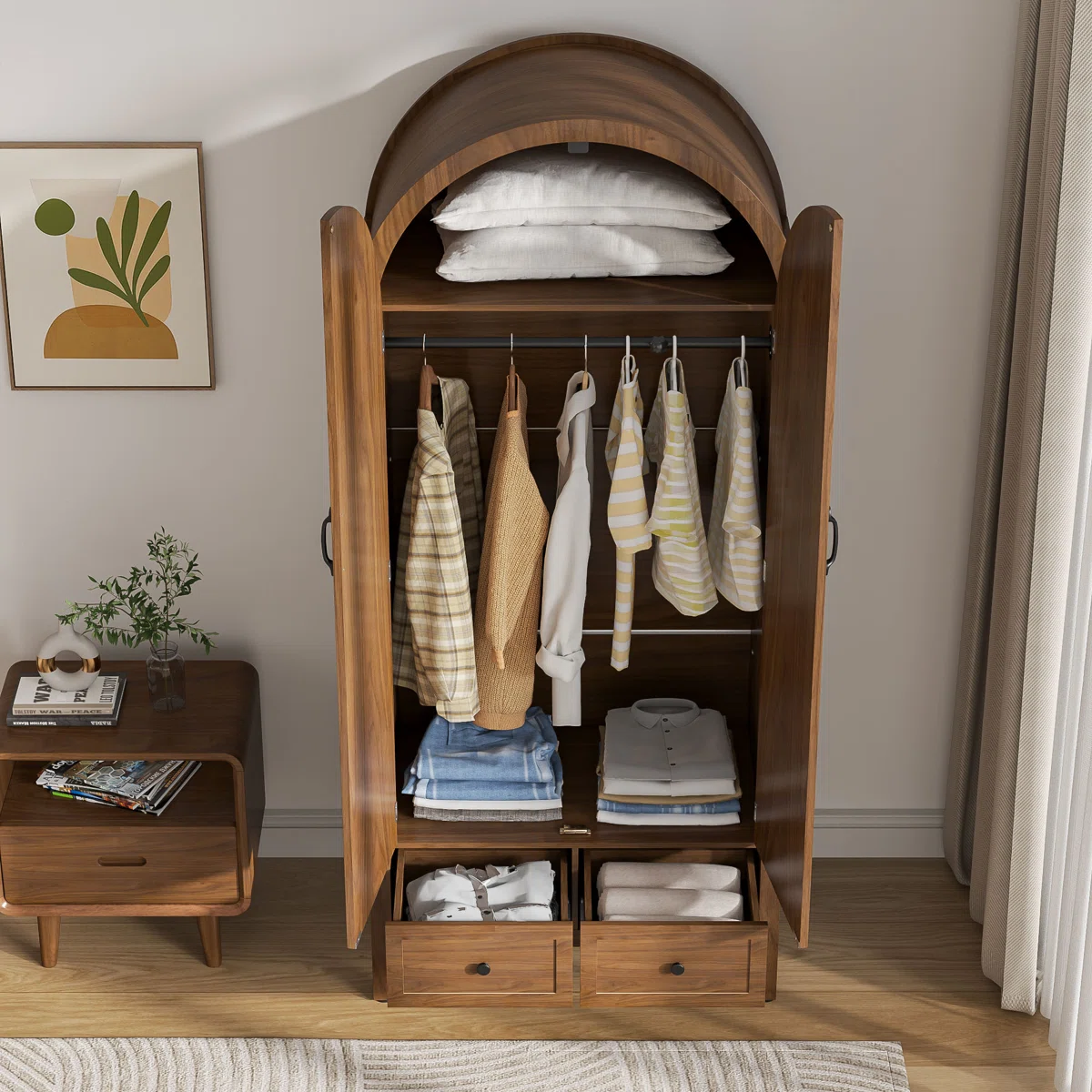wardrobe closet with arched fluted doors, drawers and brown finish. wardrobe closet with arched fluted doors, drawers and brown finish.