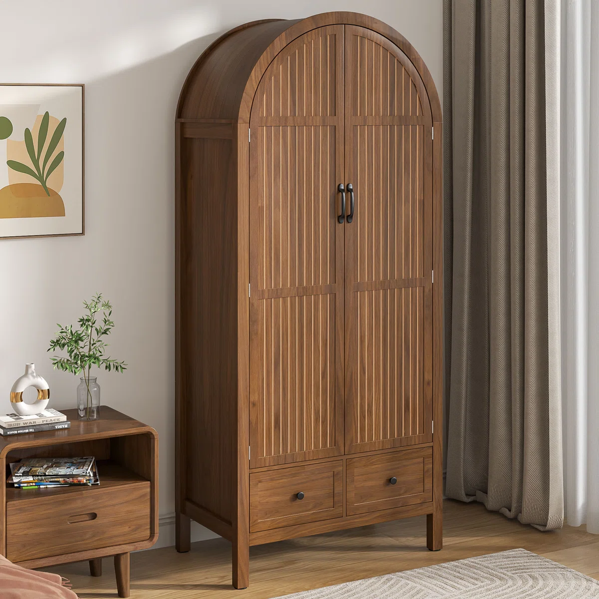 wardrobe closet with arched fluted doors, drawers and brown finish.