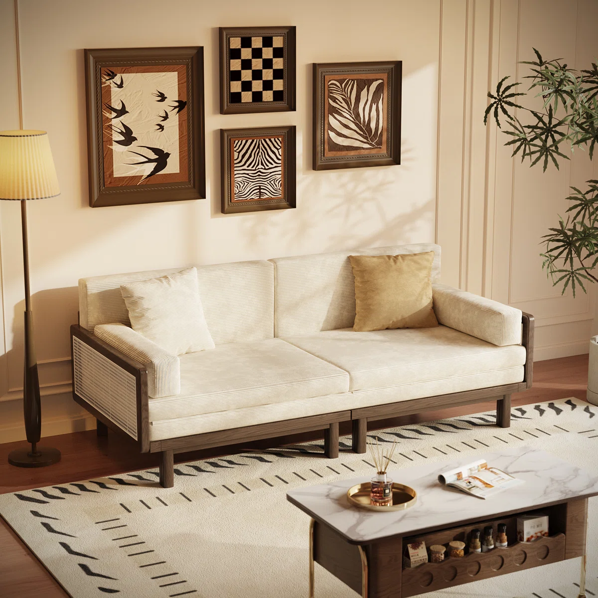 Sofa bed with teak wood and cane frame, corduroy upholstery, convertible foldable sofa sleeper