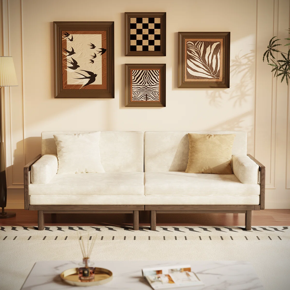 Sofa bed with teak wood and cane frame, corduroy upholstery, convertible foldable sofa sleeper