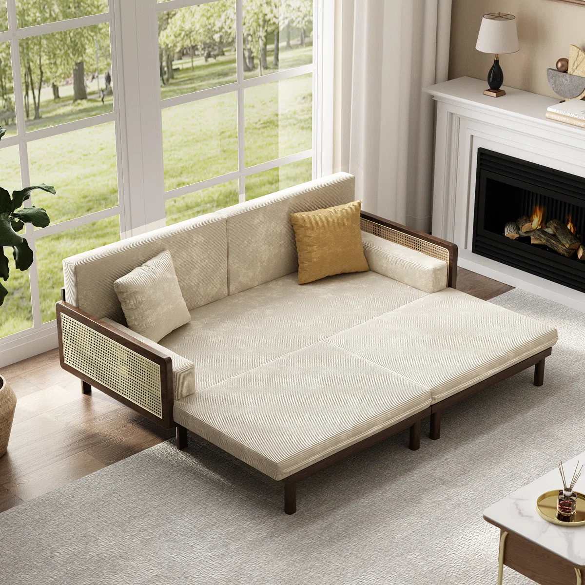 Sofa bed with teak wood and cane frame, corduroy upholstery, convertible foldable sofa sleeper