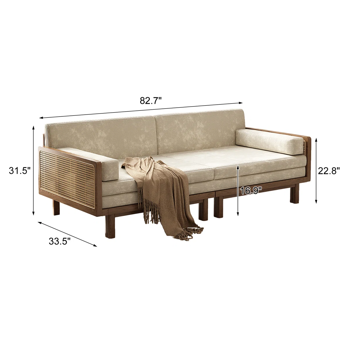 Sofa bed with teak wood and cane frame, corduroy upholstery, convertible foldable sofa sleeper