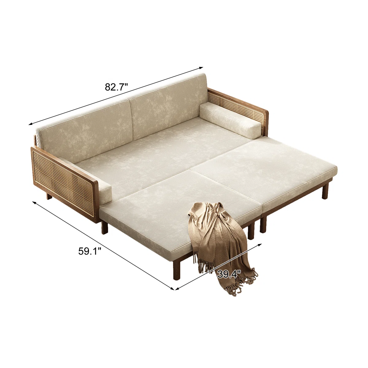 Sofa bed with teak wood and cane frame, corduroy upholstery, convertible foldable sofa sleeper
