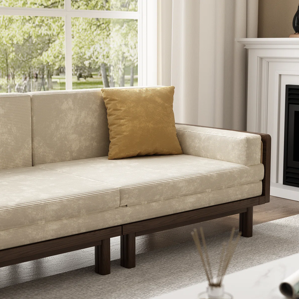 Sofa bed with teak wood and cane frame, corduroy upholstery, convertible foldable sofa sleeper