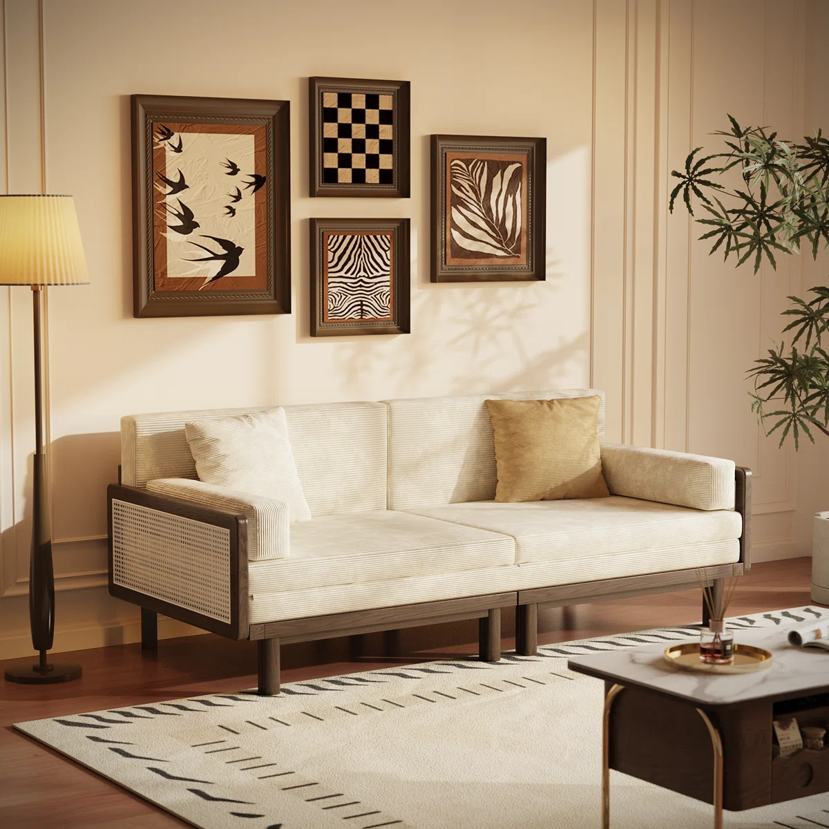 Sofa bed with teak wood and cane frame, corduroy upholstery, convertible foldable sofa sleeper