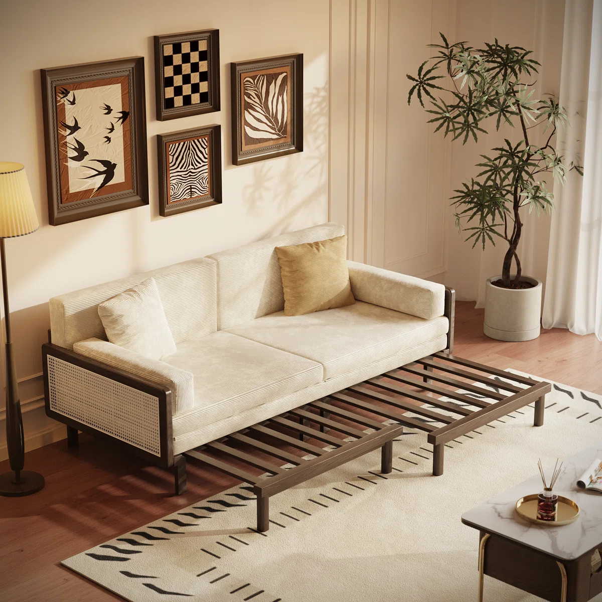 Sofa bed with teak wood and cane frame, corduroy upholstery, convertible foldable sofa sleeper