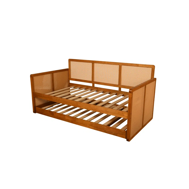 Cane sofa cum bed with teak wood frame, cane weaving, and trundle bed Cane sofa cum bed with teak wood frame, cane weaving, and trundle bed