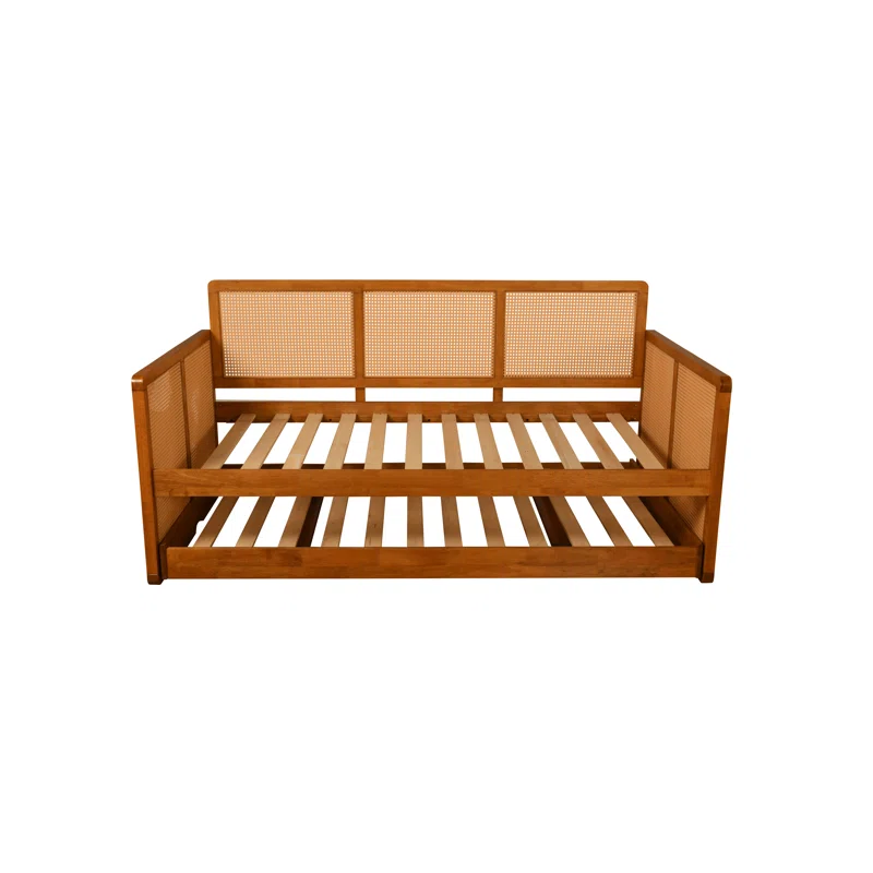 Cane sofa cum bed with teak wood frame, cane weaving, and trundle bed Cane sofa cum bed with teak wood frame, cane weaving, and trundle bed