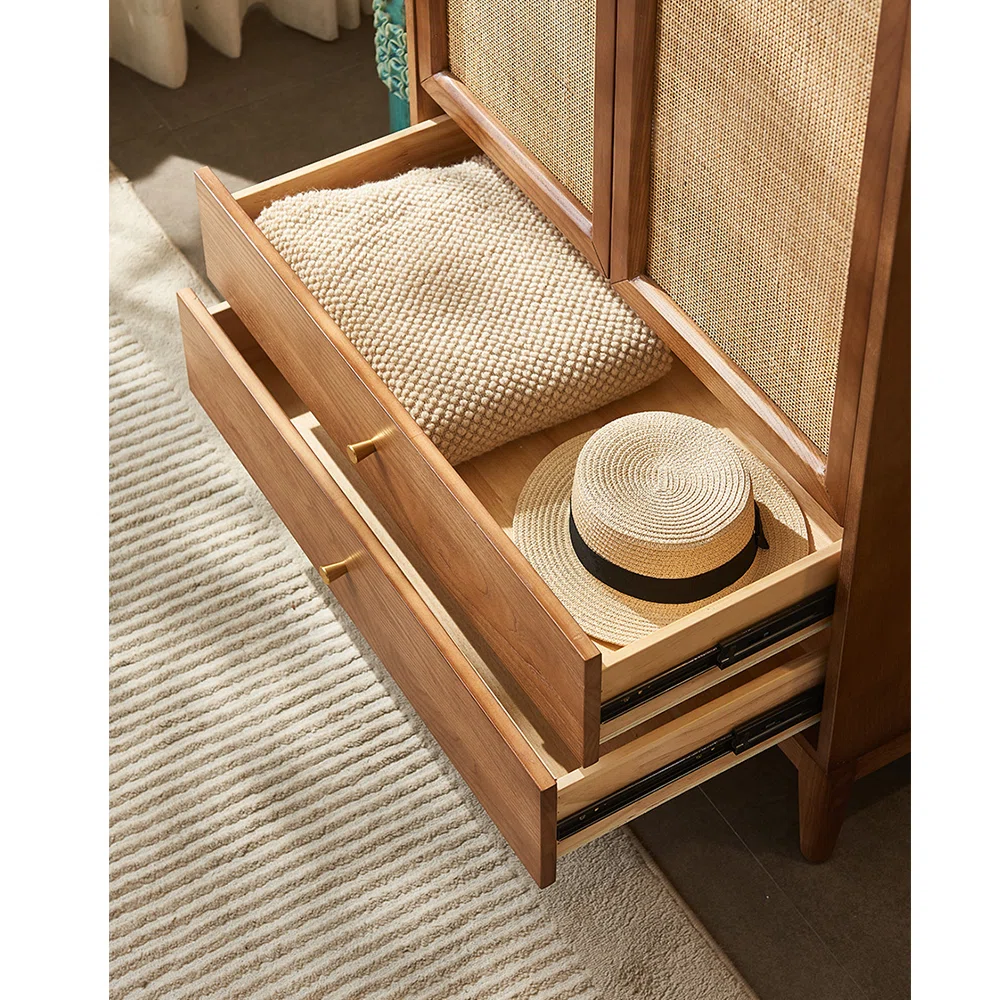 Rattan Wardrobe – European Style Solid Wood Storage Cabinet, Brown Finish