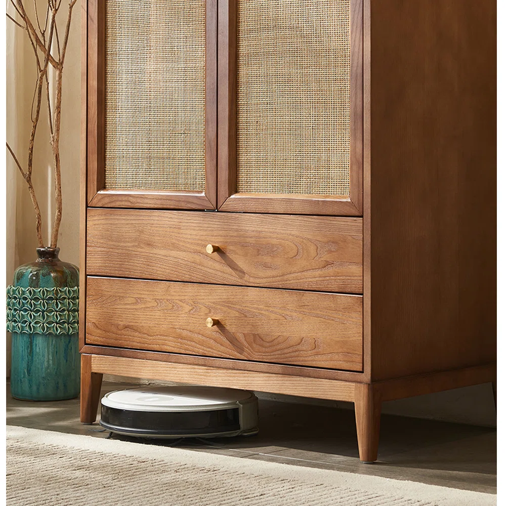 Rattan Wardrobe – European Style Solid Wood Storage Cabinet, Brown Finish