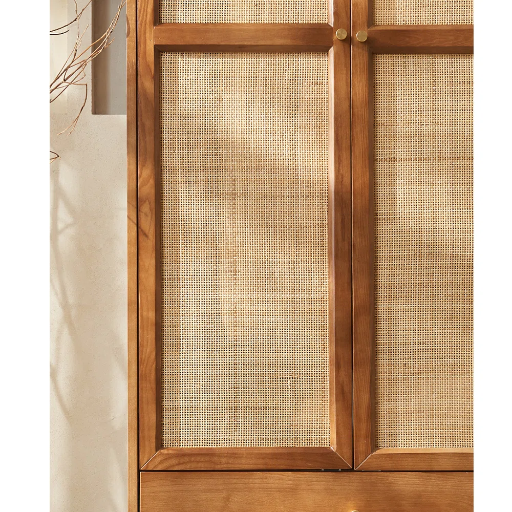 Rattan Wardrobe – European Style Solid Wood Storage Cabinet, Brown Finish