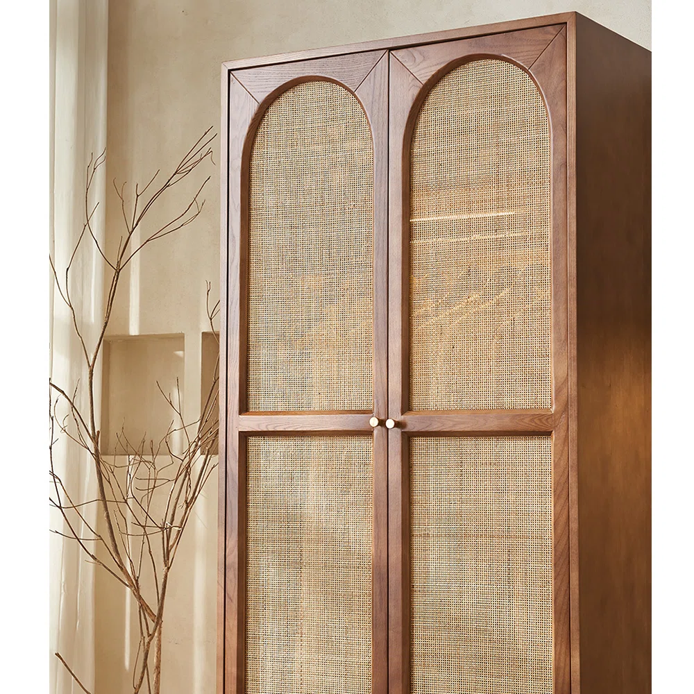 Rattan Wardrobe – European Style Solid Wood Storage Cabinet, Brown Finish