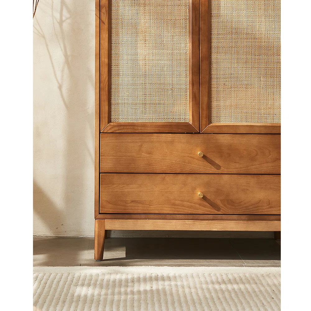 Rattan Wardrobe – European Style Solid Wood Storage Cabinet, Brown Finish