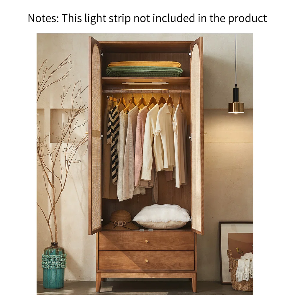 Rattan Wardrobe – European Style Solid Wood Storage Cabinet, Brown Finish