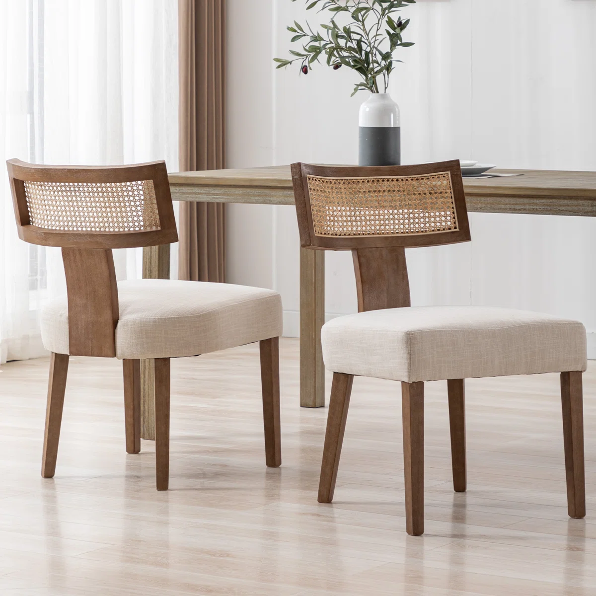 Rattan dining chair set of two with woven back and teak wood frame Rattan dining chair set of two with woven back and teak wood frame