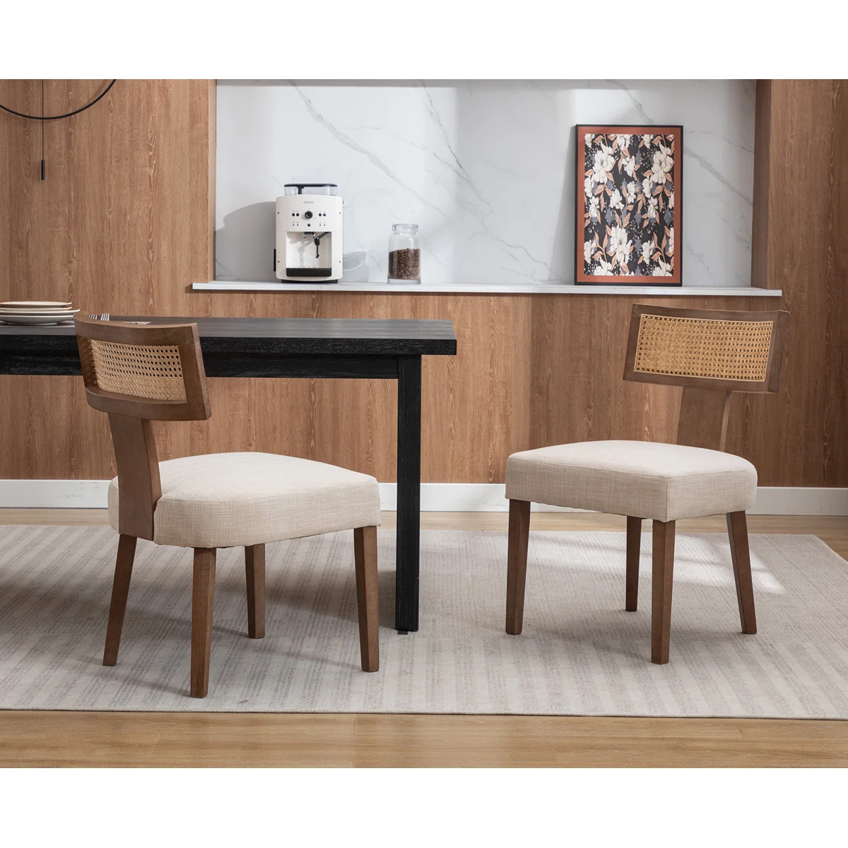 Rattan dining chair set of two with woven back and teak wood frame Rattan dining chair set of two with woven back and teak wood frame